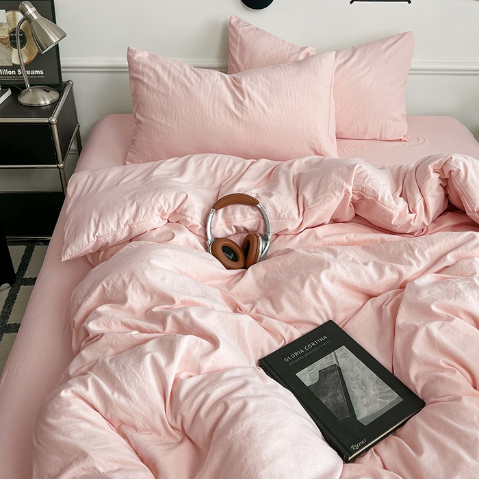 91家纺网 家纺一手货源 找家纺 梦卓家纺 2025爆款ins风超柔褶皱亲肤磨毛水洗棉四件套奶油粉