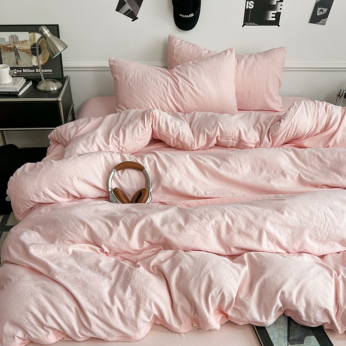 91家纺网 家纺一手货源 找家纺 梦卓家纺 2025爆款ins风超柔褶皱亲肤磨毛水洗棉四件套奶油粉