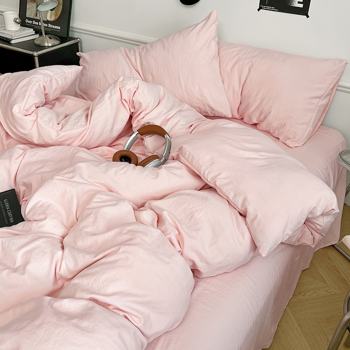 91家纺网 家纺一手货源 找家纺 梦卓家纺 2025爆款ins风超柔褶皱亲肤磨毛水洗棉四件套奶油粉