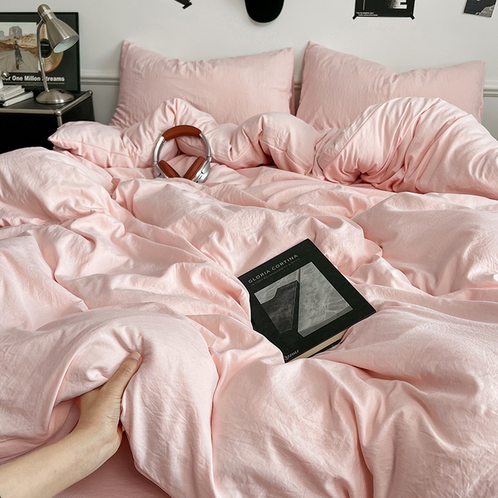 91家纺网 家纺一手货源 找家纺 梦卓家纺 2025爆款ins风超柔褶皱亲肤磨毛水洗棉四件套奶油粉