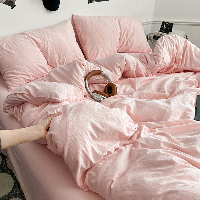 91家纺网 家纺一手货源 找家纺 梦卓家纺 2025爆款ins风超柔褶皱亲肤磨毛水洗棉四件套奶油粉