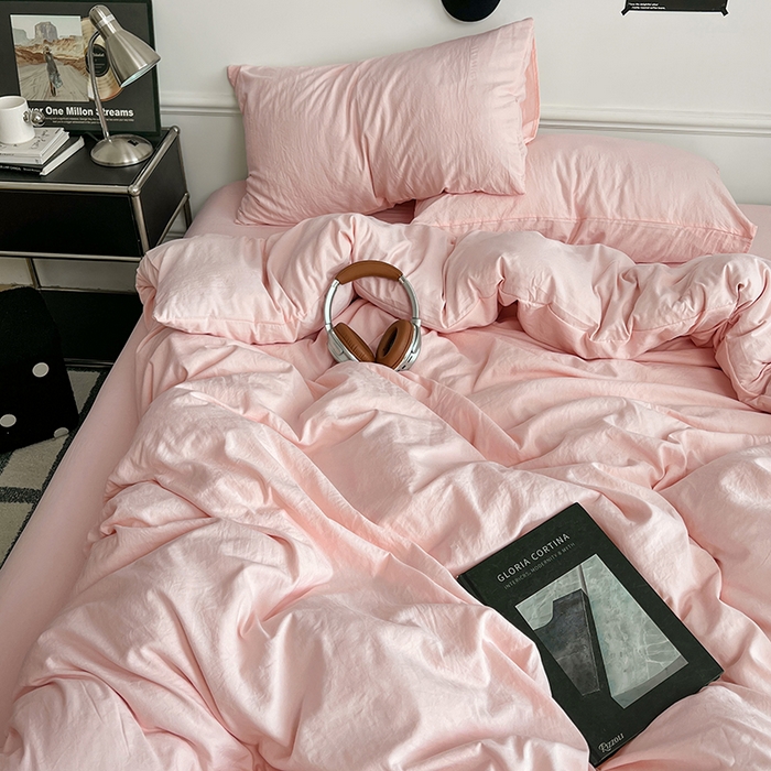 91家纺网 家纺一手货源 找家纺 梦卓家纺 2025爆款ins风超柔褶皱亲肤磨毛水洗棉四件套奶油粉