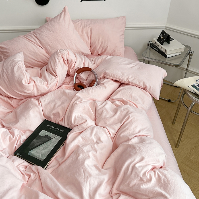 91家纺网 家纺一手货源 找家纺 梦卓家纺 2025爆款ins风超柔褶皱亲肤磨毛水洗棉四件套奶油粉