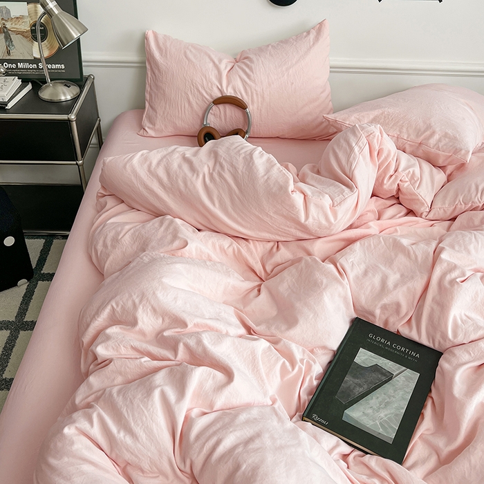 91家纺网 家纺一手货源 找家纺 梦卓家纺 2025爆款ins风超柔褶皱亲肤磨毛水洗棉四件套奶油粉