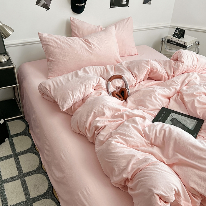 91家纺网 家纺一手货源 找家纺 梦卓家纺 2025爆款ins风超柔褶皱亲肤磨毛水洗棉四件套奶油粉