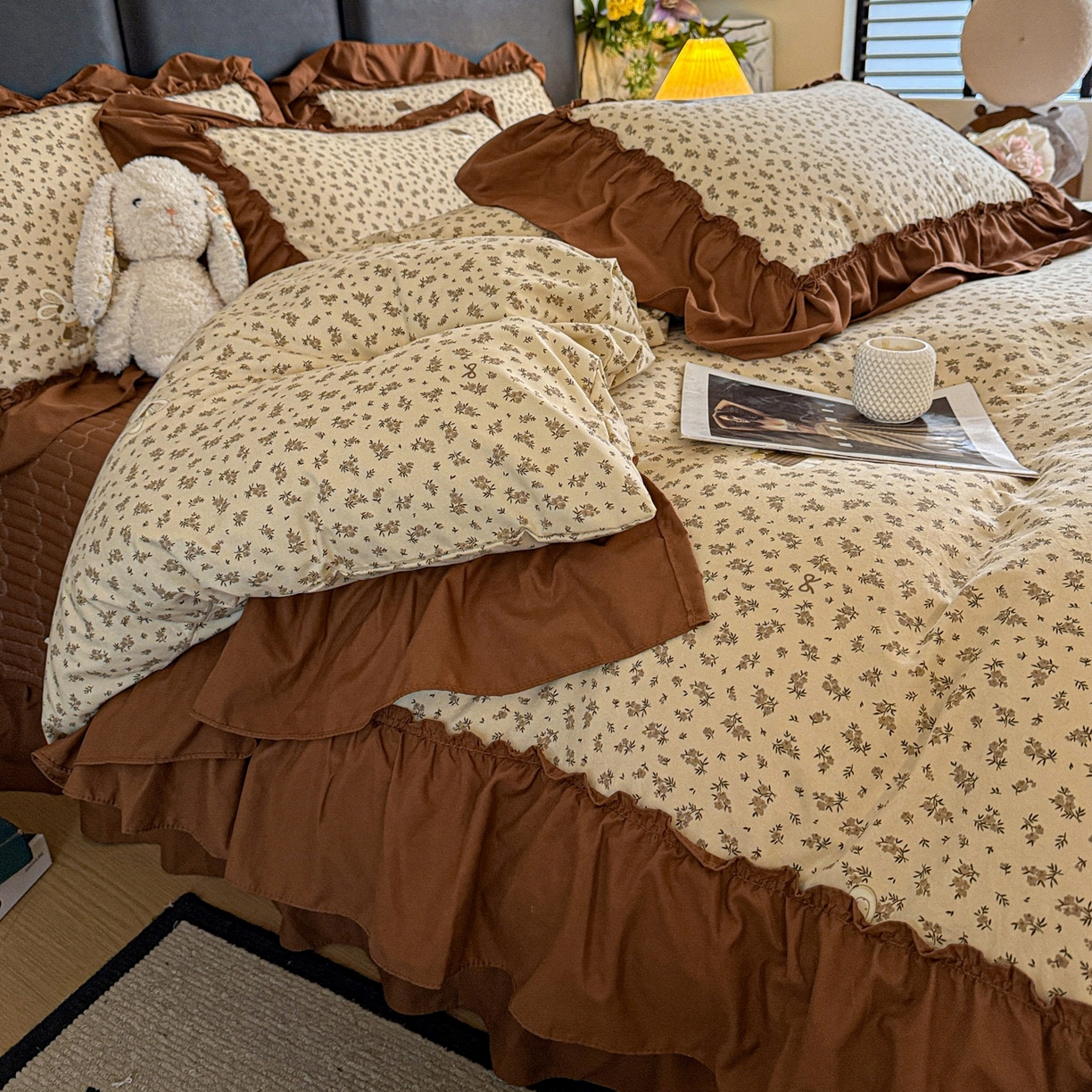 91家纺网 家纺一手货源 找家纺 富米莱（原臻工厂） 2026新款韩系古法韩国水洗棉云棉大布袋法式浪漫大花边床盖夏凉被床盖四件套 奶油兔