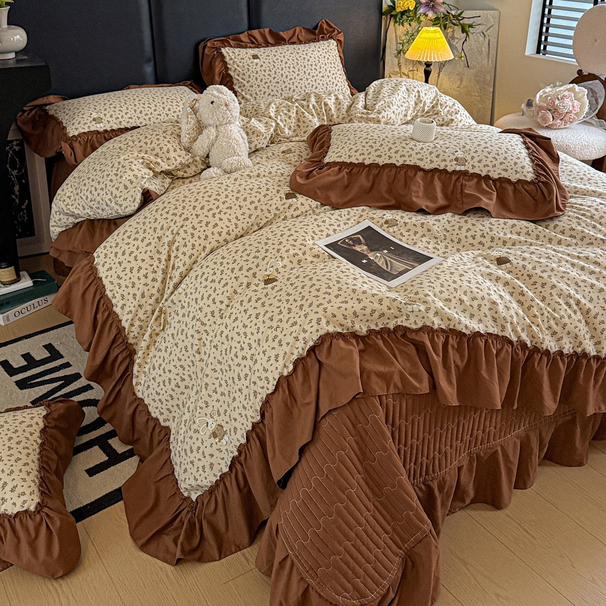 91家纺网 家纺一手货源 找家纺 富米莱（原臻工厂） 2026新款韩系古法韩国水洗棉云棉大布袋法式浪漫大花边床盖夏凉被床盖四件套 奶油兔