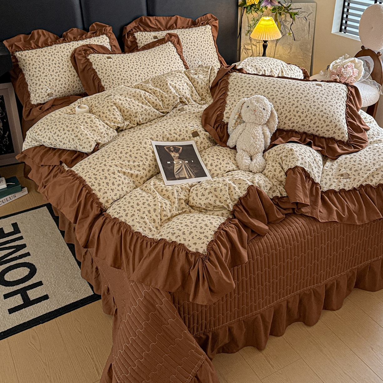 91家纺网 家纺一手货源 找家纺 富米莱（原臻工厂） 2026新款韩系古法韩国水洗棉云棉大布袋法式浪漫大花边床盖夏凉被床盖四件套 奶油兔