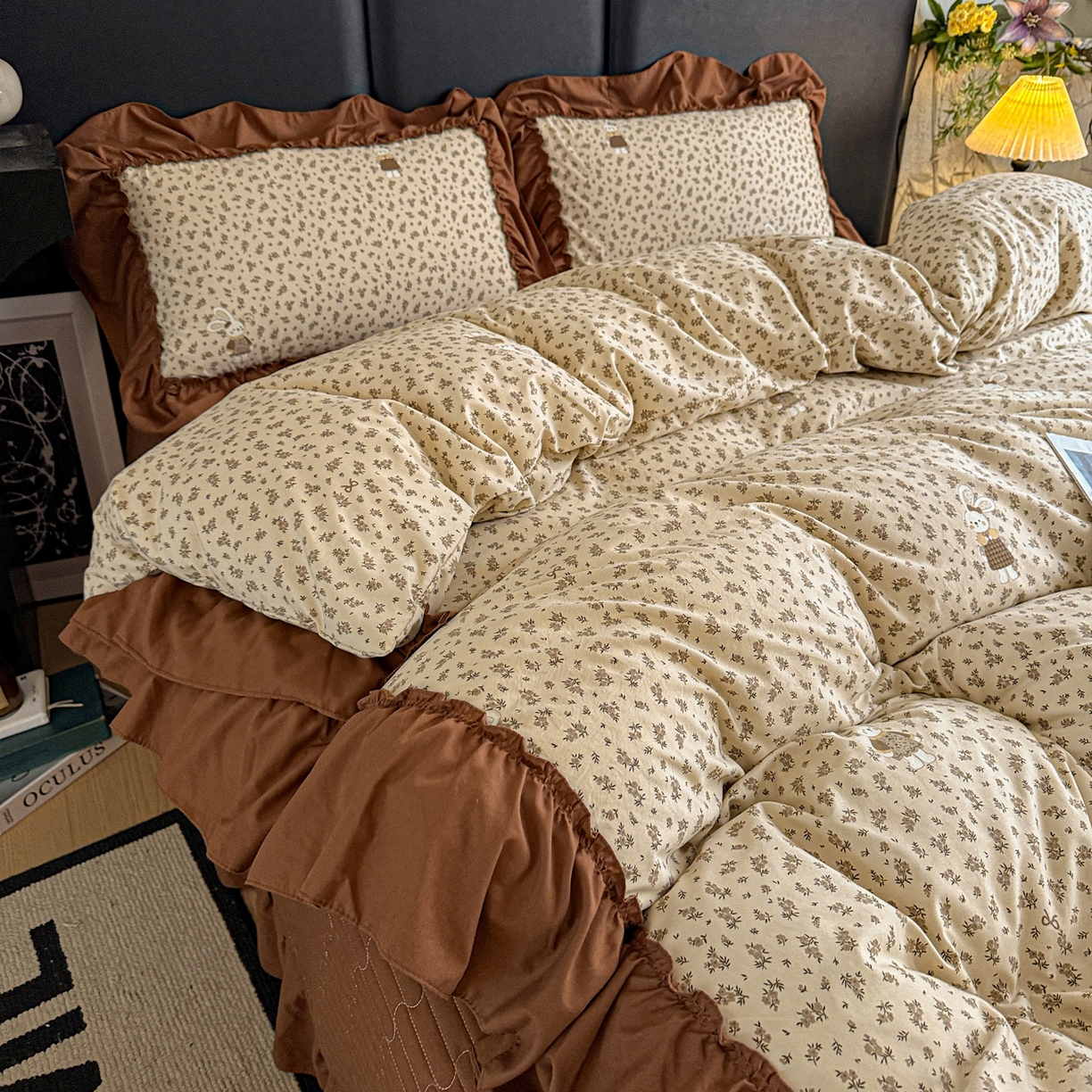 91家纺网 家纺一手货源 找家纺 富米莱（原臻工厂） 2026新款韩系古法韩国水洗棉云棉大布袋法式浪漫大花边床盖夏凉被床盖四件套 奶油兔