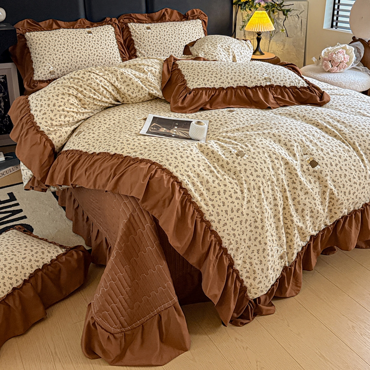 91家纺网 家纺一手货源 找家纺 富米莱（原臻工厂） 2026新款韩系古法韩国水洗棉云棉大布袋法式浪漫大花边床盖夏凉被床盖四件套 奶油兔