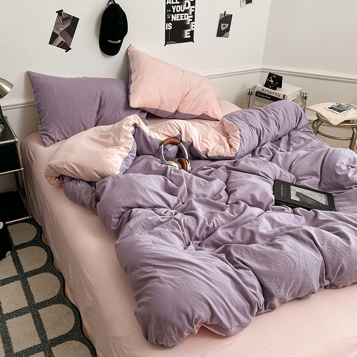 91家纺网 家纺一手货源 找家纺 梦卓家纺 2025爆款ins风超柔褶皱亲肤磨毛水洗棉四件套香芋紫