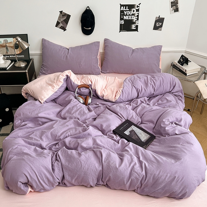 梦卓家纺 2025爆款ins风超柔褶皱亲肤磨毛水洗棉四件套香芋紫