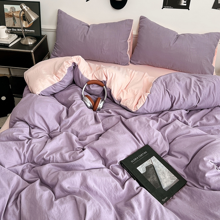 91家纺网 家纺一手货源 找家纺 梦卓家纺 2025爆款ins风超柔褶皱亲肤磨毛水洗棉四件套香芋紫