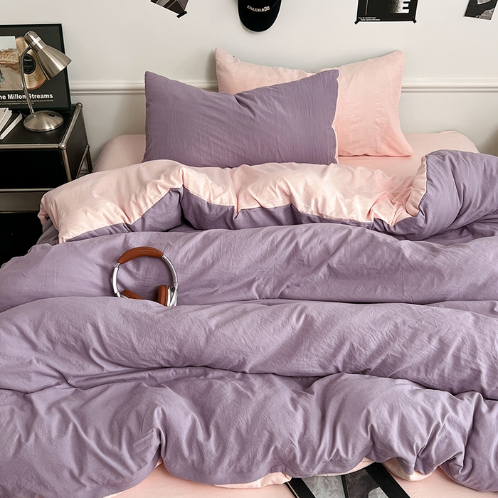 91家纺网 家纺一手货源 找家纺 梦卓家纺 2025爆款ins风超柔褶皱亲肤磨毛水洗棉四件套香芋紫