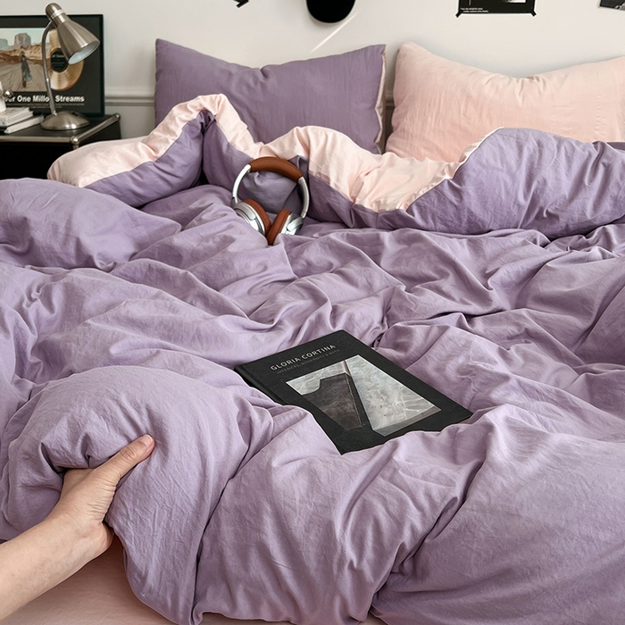 91家纺网 家纺一手货源 找家纺 梦卓家纺 2025爆款ins风超柔褶皱亲肤磨毛水洗棉四件套香芋紫