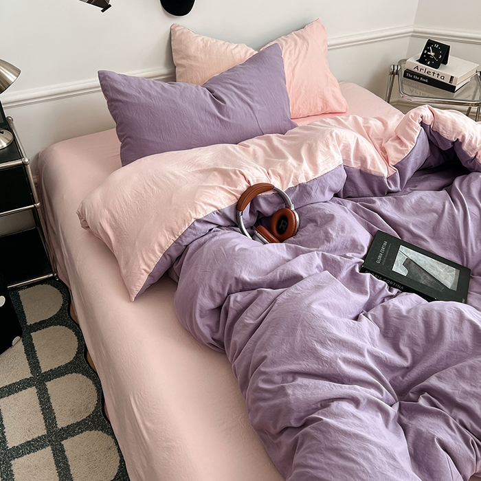 91家纺网 家纺一手货源 找家纺 梦卓家纺 2025爆款ins风超柔褶皱亲肤磨毛水洗棉四件套香芋紫