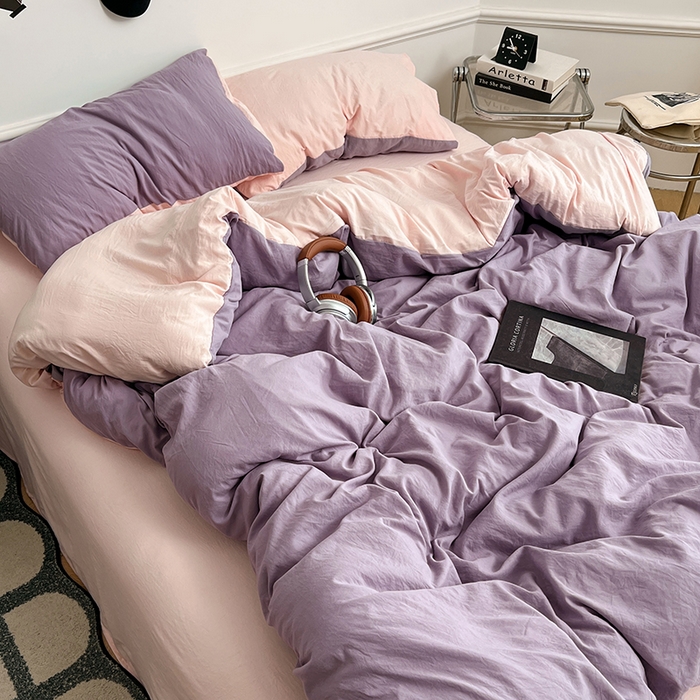 91家纺网 家纺一手货源 找家纺 梦卓家纺 2025爆款ins风超柔褶皱亲肤磨毛水洗棉四件套香芋紫