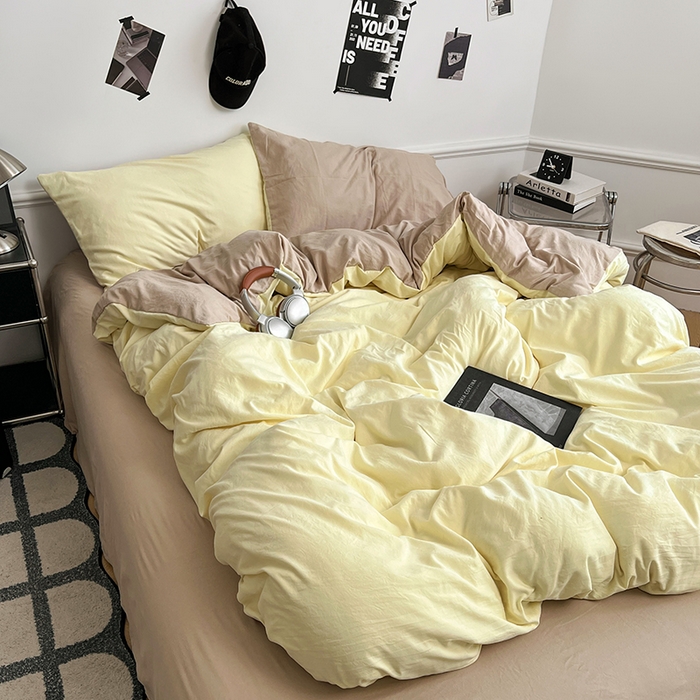 91家纺网 家纺一手货源 找家纺 梦卓家纺 2025爆款ins风超柔褶皱亲肤磨毛水洗棉四件套芝士黄