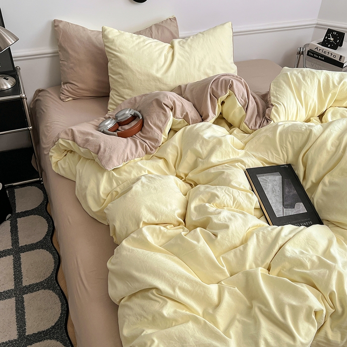 91家纺网 家纺一手货源 找家纺 梦卓家纺 2025爆款ins风超柔褶皱亲肤磨毛水洗棉四件套芝士黄