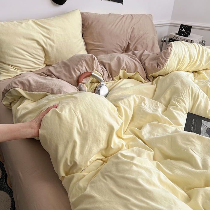 91家纺网 家纺一手货源 找家纺 梦卓家纺 2025爆款ins风超柔褶皱亲肤磨毛水洗棉四件套芝士黄