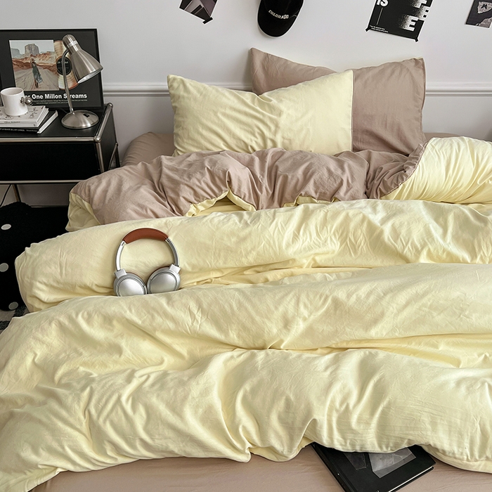 91家纺网 家纺一手货源 找家纺 梦卓家纺 2025爆款ins风超柔褶皱亲肤磨毛水洗棉四件套芝士黄