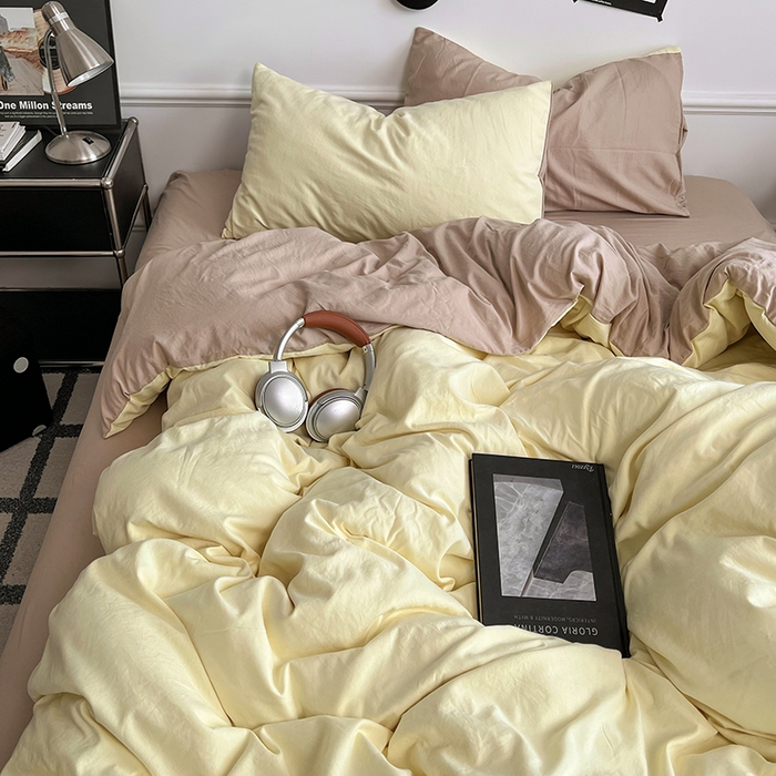 91家纺网 家纺一手货源 找家纺 梦卓家纺 2025爆款ins风超柔褶皱亲肤磨毛水洗棉四件套芝士黄