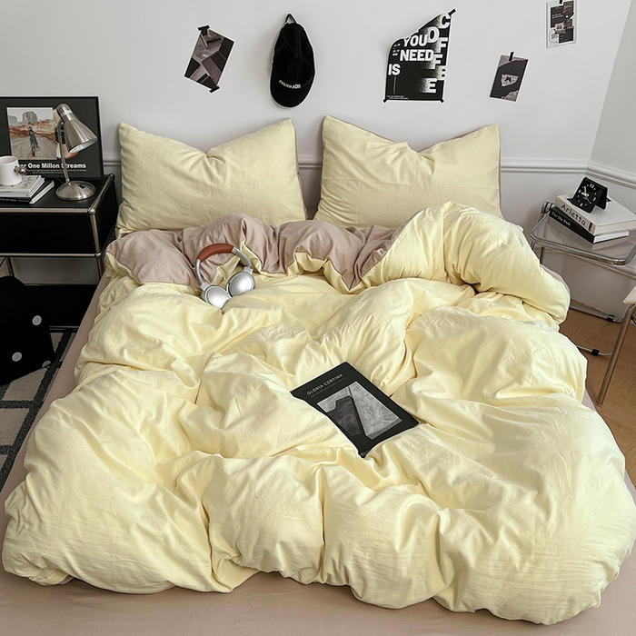 梦卓家纺 2025爆款ins风超柔褶皱亲肤磨毛水洗棉四件套芝士黄