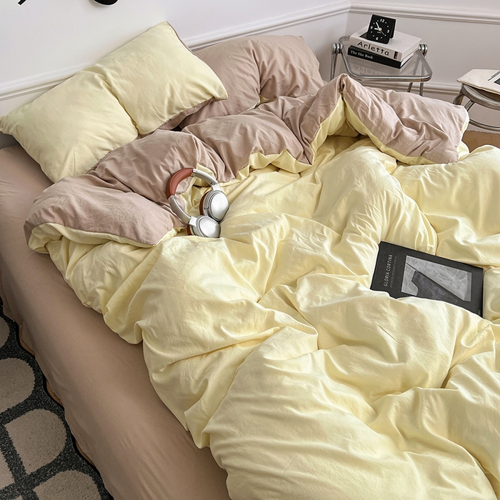 91家纺网 家纺一手货源 找家纺 梦卓家纺 2025爆款ins风超柔褶皱亲肤磨毛水洗棉四件套芝士黄