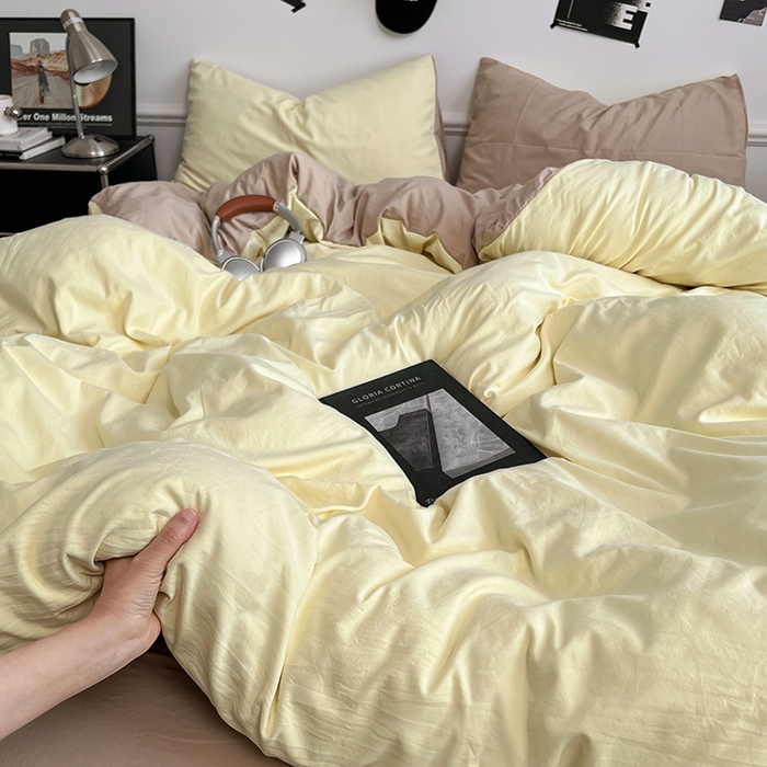 91家纺网 家纺一手货源 找家纺 梦卓家纺 2025爆款ins风超柔褶皱亲肤磨毛水洗棉四件套芝士黄