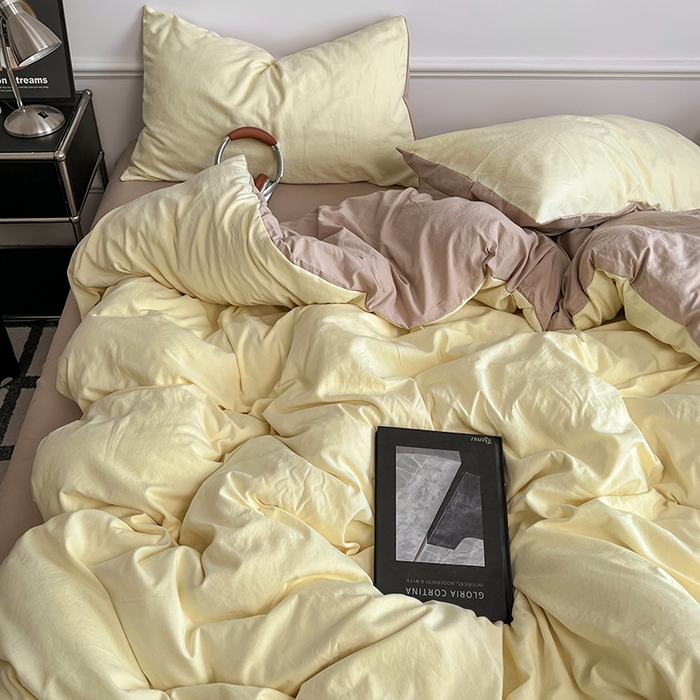 91家纺网 家纺一手货源 找家纺 梦卓家纺 2025爆款ins风超柔褶皱亲肤磨毛水洗棉四件套芝士黄