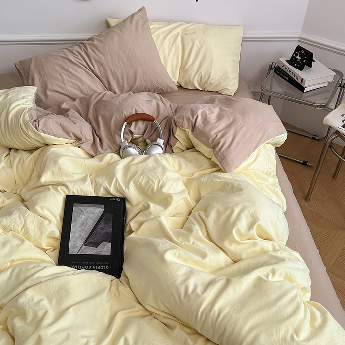 91家纺网 家纺一手货源 找家纺 梦卓家纺 2025爆款ins风超柔褶皱亲肤磨毛水洗棉四件套芝士黄