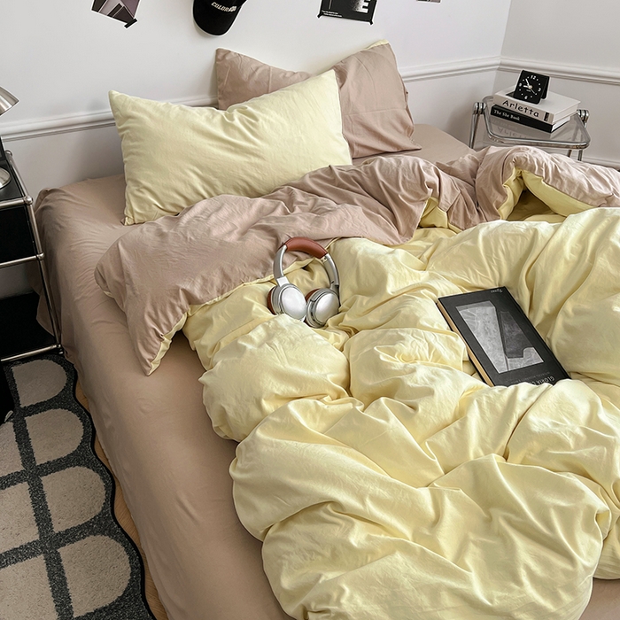 91家纺网 家纺一手货源 找家纺 梦卓家纺 2025爆款ins风超柔褶皱亲肤磨毛水洗棉四件套芝士黄