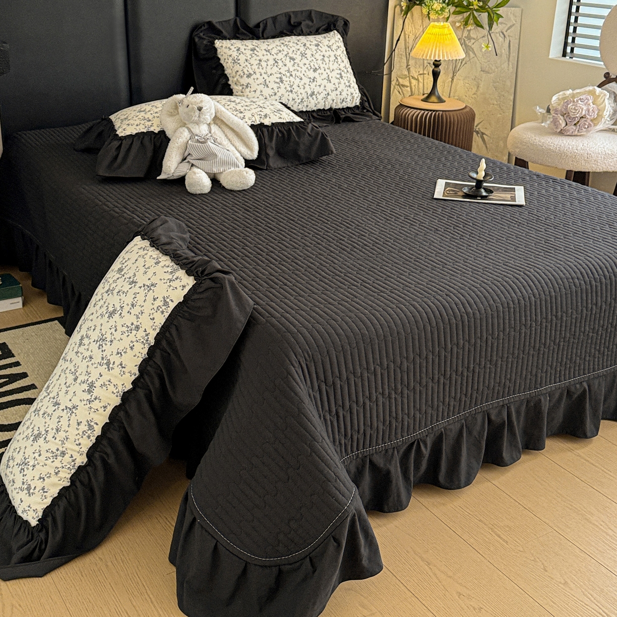 91家纺网 家纺一手货源 找家纺 富米莱（原臻工厂） 2026新款韩系古法韩国水洗棉云棉大布袋法式浪漫大花边床盖夏凉被床盖四件套 砚余墨