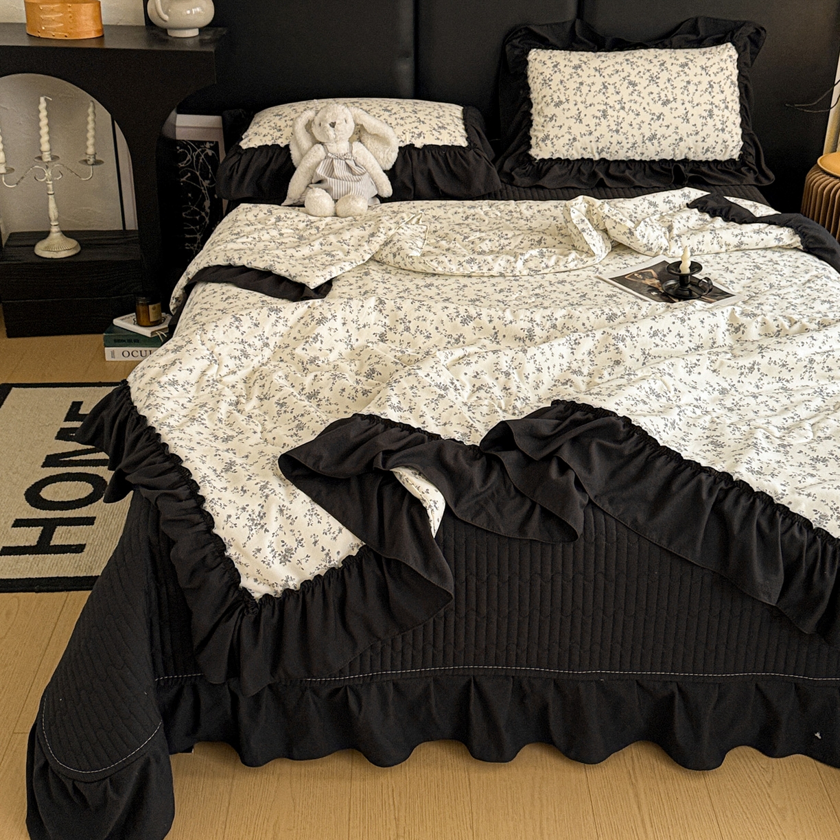 91家纺网 家纺一手货源 找家纺 富米莱（原臻工厂） 2026新款韩系古法韩国水洗棉云棉大布袋法式浪漫大花边床盖夏凉被床盖四件套 砚余墨