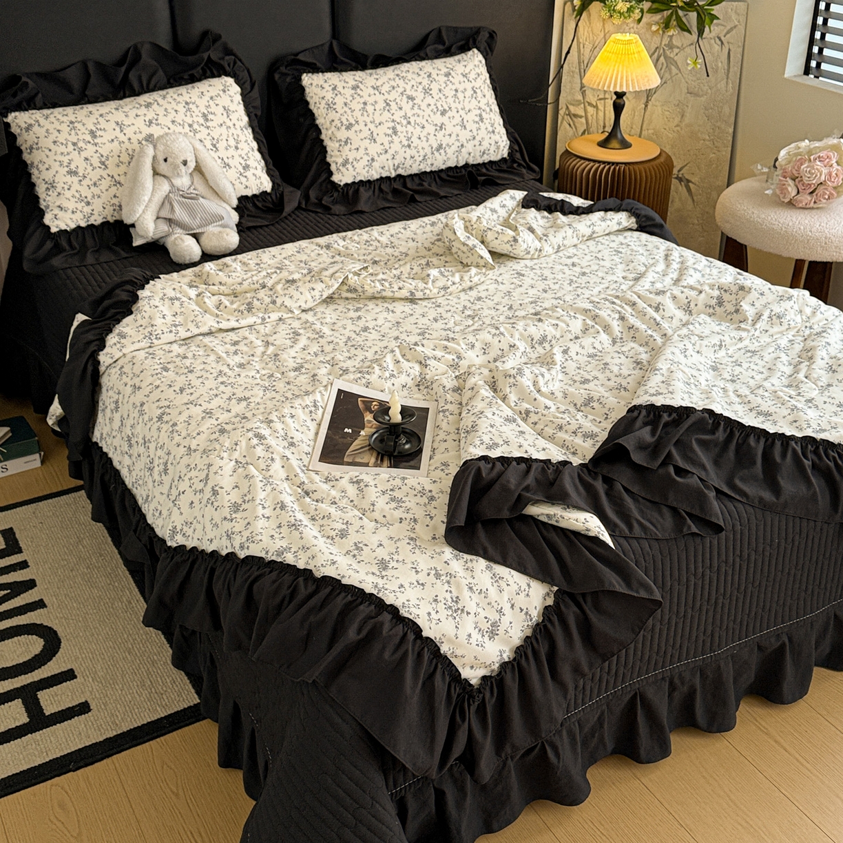 91家纺网 家纺一手货源 找家纺 富米莱（原臻工厂） 2026新款韩系古法韩国水洗棉云棉大布袋法式浪漫大花边床盖夏凉被床盖四件套 砚余墨