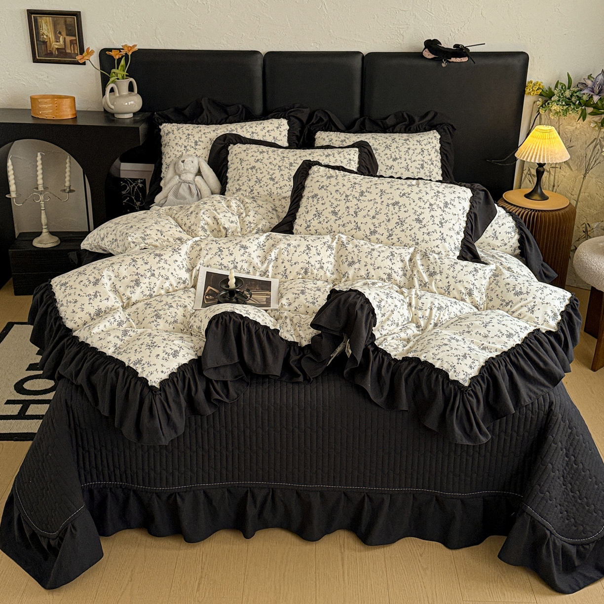 91家纺网 家纺一手货源 找家纺 富米莱（原臻工厂） 2026新款韩系古法韩国水洗棉云棉大布袋法式浪漫大花边床盖夏凉被床盖四件套 砚余墨