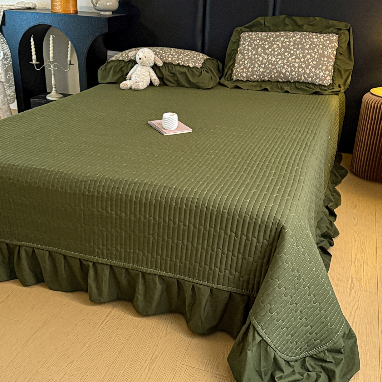 91家纺网 家纺一手货源 找家纺 富米莱（原臻工厂） 2026新款韩系古法韩国水洗棉云棉大布袋法式浪漫大花边床盖夏凉被床盖四件套 知春绿