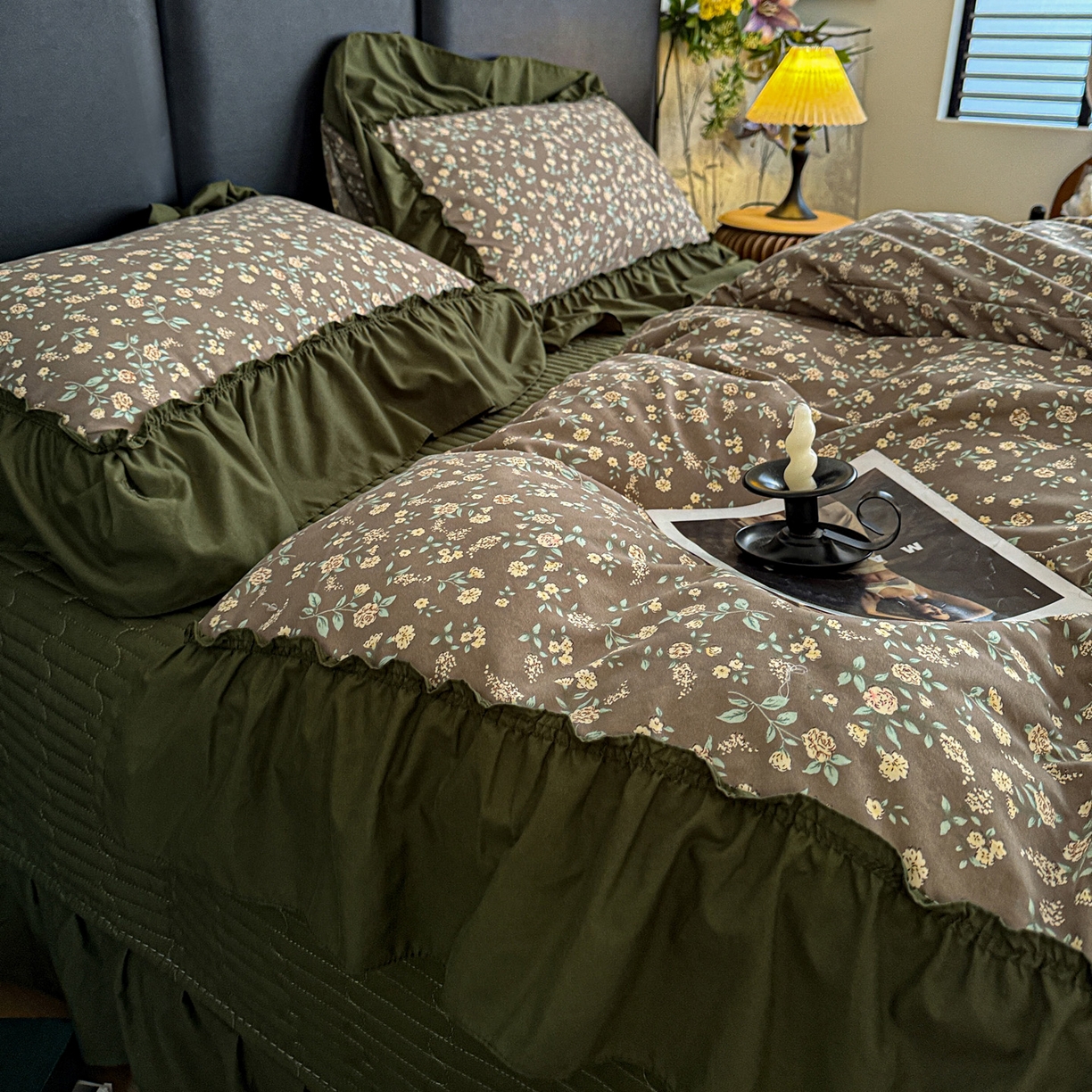 91家纺网 家纺一手货源 找家纺 富米莱（原臻工厂） 2026新款韩系古法韩国水洗棉云棉大布袋法式浪漫大花边床盖夏凉被床盖四件套 知春绿