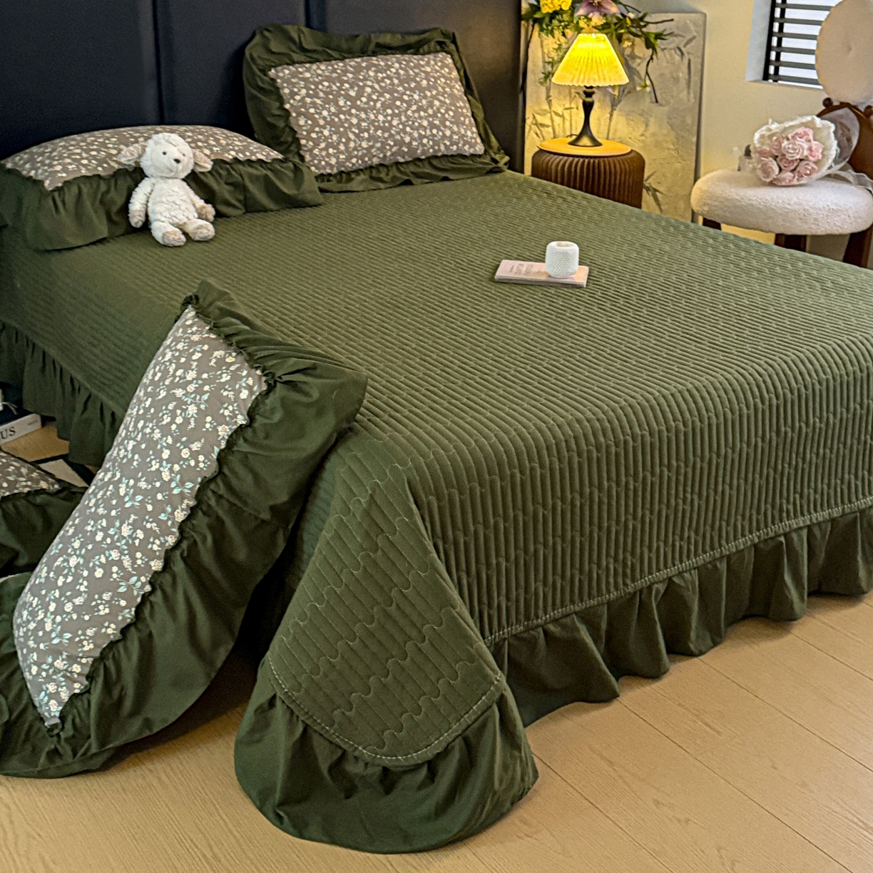 91家纺网 家纺一手货源 找家纺 富米莱（原臻工厂） 2026新款韩系古法韩国水洗棉云棉大布袋法式浪漫大花边床盖夏凉被床盖四件套 知春绿