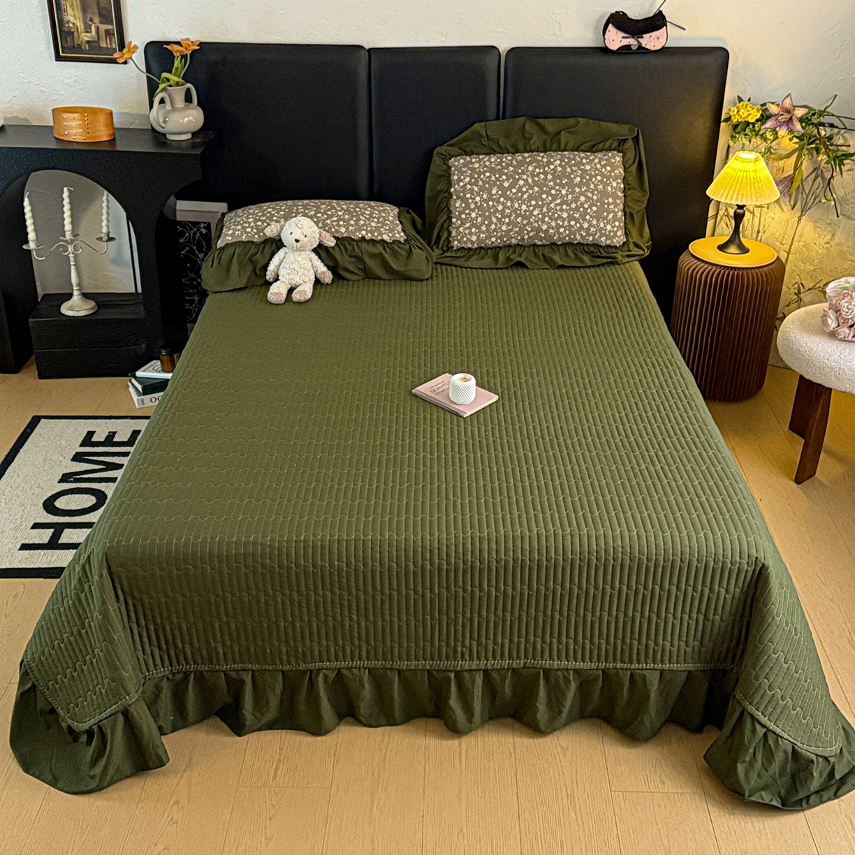 91家纺网 家纺一手货源 找家纺 富米莱（原臻工厂） 2026新款韩系古法韩国水洗棉云棉大布袋法式浪漫大花边床盖夏凉被床盖四件套 知春绿