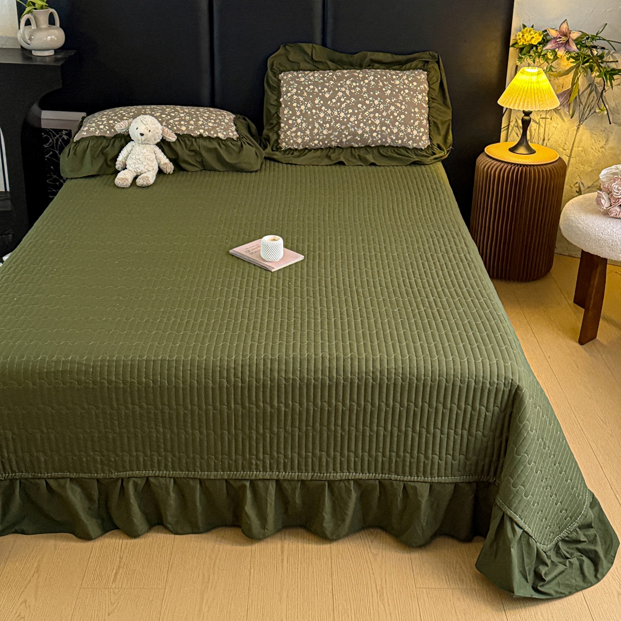 91家纺网 家纺一手货源 找家纺 富米莱（原臻工厂） 2026新款韩系古法韩国水洗棉云棉大布袋法式浪漫大花边床盖夏凉被床盖四件套 知春绿