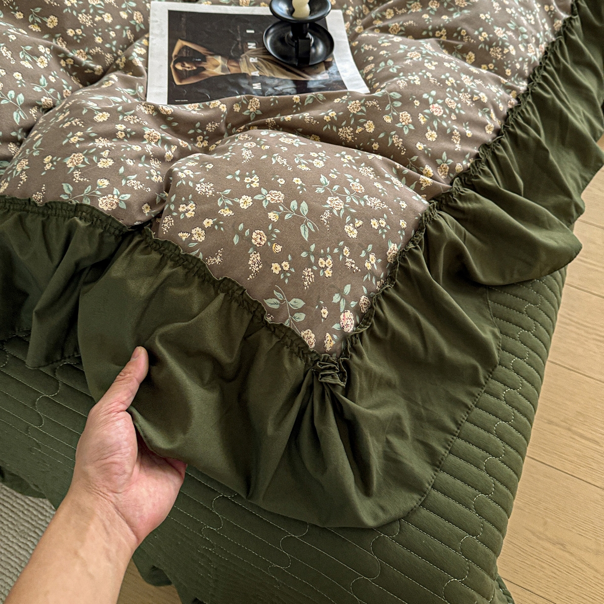 91家纺网 家纺一手货源 找家纺 富米莱（原臻工厂） 2026新款韩系古法韩国水洗棉云棉大布袋法式浪漫大花边床盖夏凉被床盖四件套 知春绿