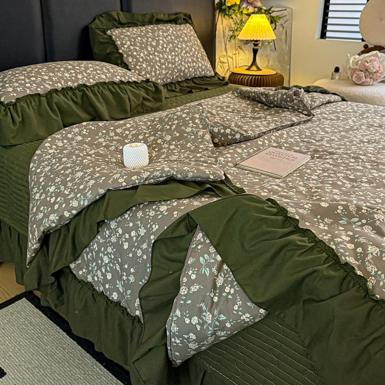 91家纺网 家纺一手货源 找家纺 富米莱（原臻工厂） 2026新款韩系古法韩国水洗棉云棉大布袋法式浪漫大花边床盖夏凉被床盖四件套 知春绿