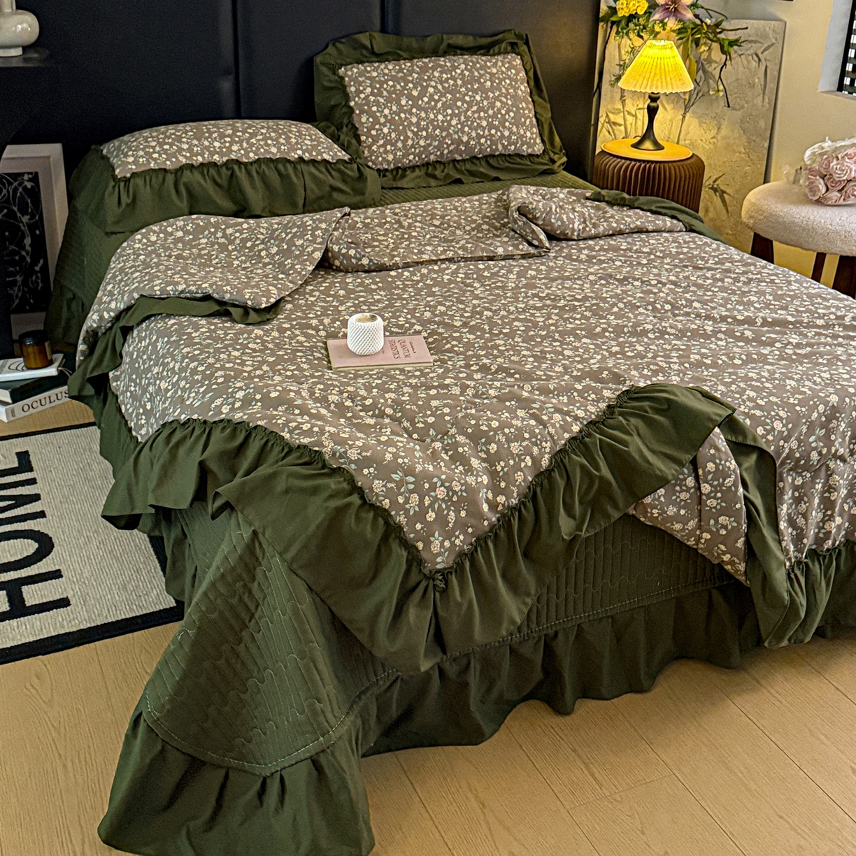 91家纺网 家纺一手货源 找家纺 富米莱（原臻工厂） 2026新款韩系古法韩国水洗棉云棉大布袋法式浪漫大花边床盖夏凉被床盖四件套 知春绿