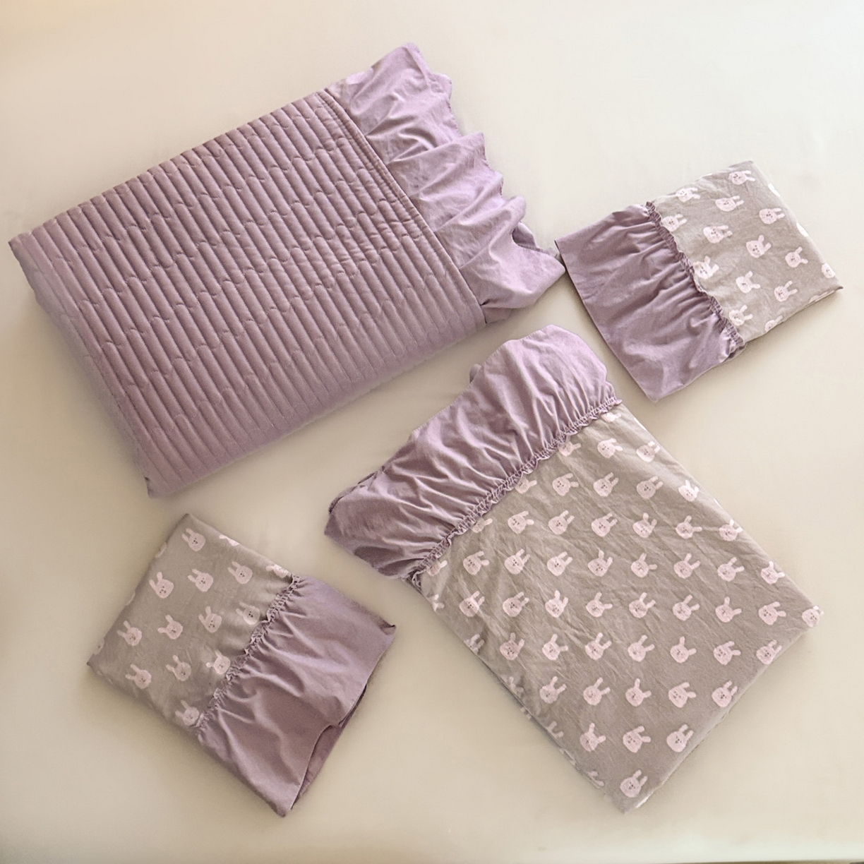 91家纺网 家纺一手货源 找家纺 富米莱（原臻工厂） 2026新款韩系古法韩国水洗棉云棉大布袋法式浪漫大花边床盖夏凉被床盖四件套 紫兔兔