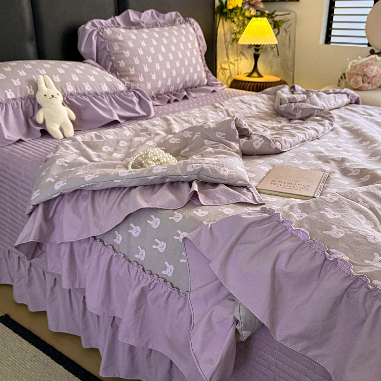 91家纺网 家纺一手货源 找家纺 富米莱（原臻工厂） 2026新款韩系古法韩国水洗棉云棉大布袋法式浪漫大花边床盖夏凉被床盖四件套 紫兔兔