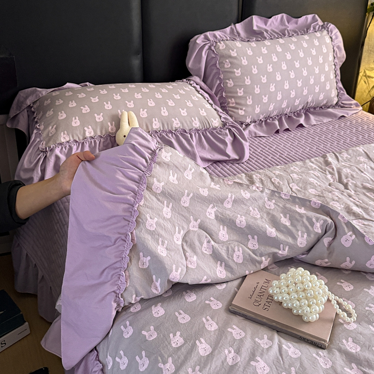 91家纺网 家纺一手货源 找家纺 富米莱（原臻工厂） 2026新款韩系古法韩国水洗棉云棉大布袋法式浪漫大花边床盖夏凉被床盖四件套 紫兔兔