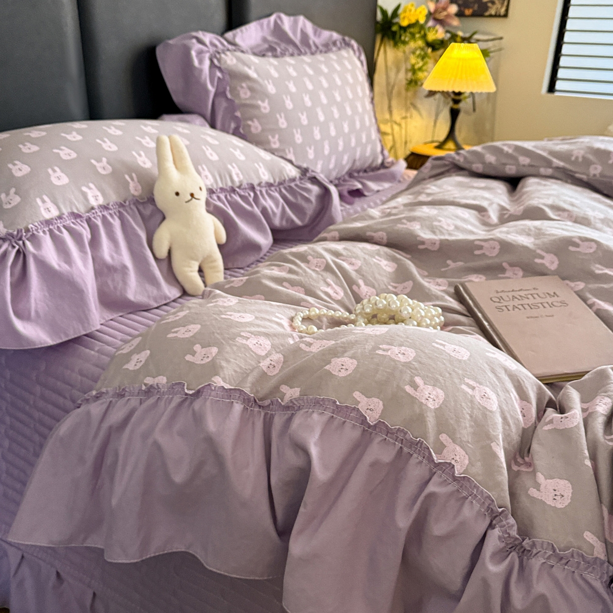 91家纺网 家纺一手货源 找家纺 富米莱（原臻工厂） 2026新款韩系古法韩国水洗棉云棉大布袋法式浪漫大花边床盖夏凉被床盖四件套 紫兔兔