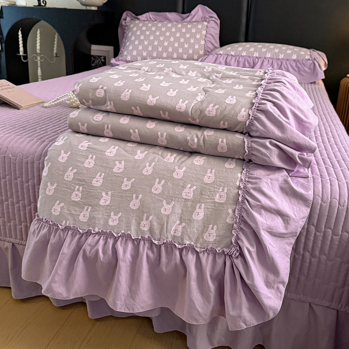 91家纺网 家纺一手货源 找家纺 富米莱（原臻工厂） 2026新款韩系古法韩国水洗棉云棉大布袋法式浪漫大花边床盖夏凉被床盖四件套 紫兔兔