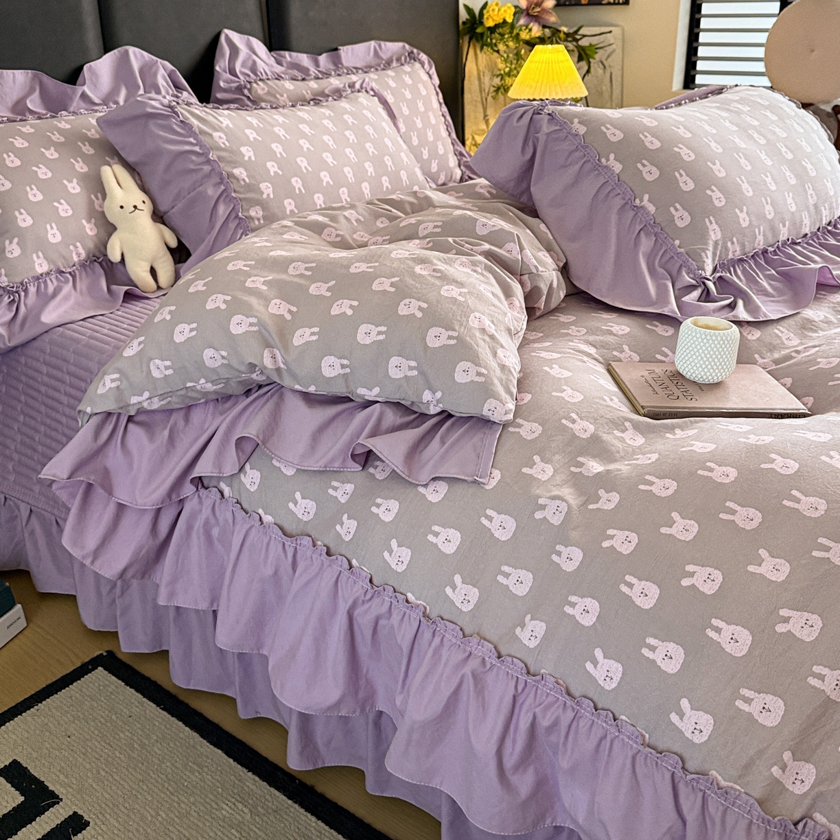 91家纺网 家纺一手货源 找家纺 富米莱（原臻工厂） 2026新款韩系古法韩国水洗棉云棉大布袋法式浪漫大花边床盖夏凉被床盖四件套 紫兔兔